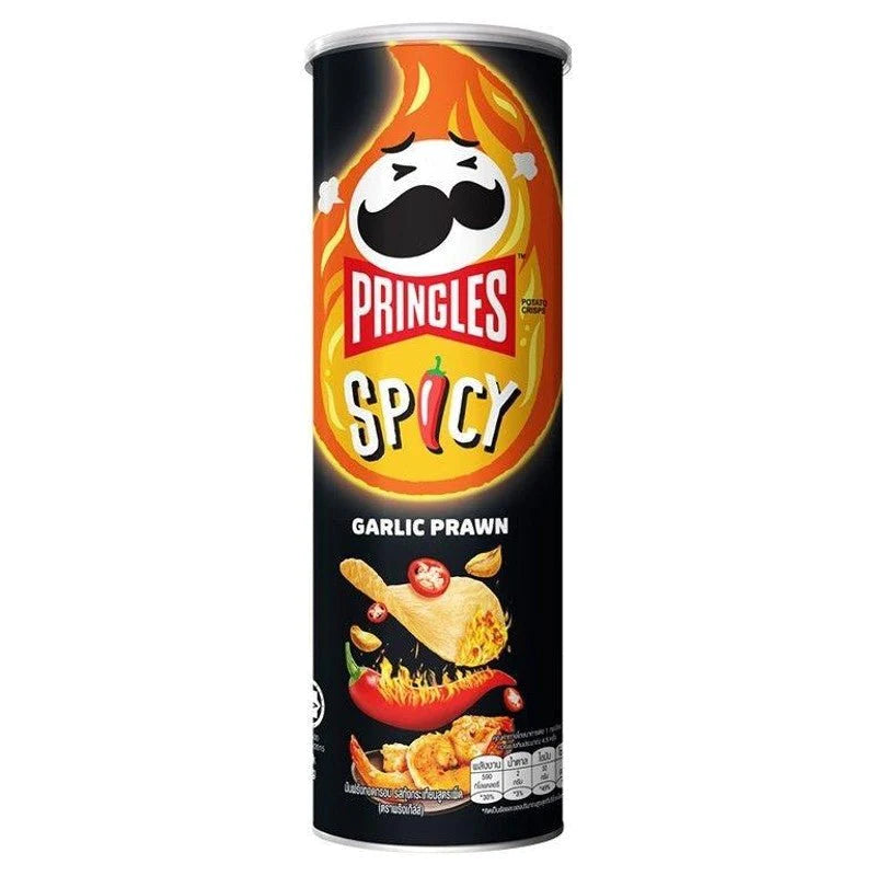 Front of Pringles Spicy Garlic Prawn canister featuring bold logo, vibrant design, and prawn flavour indication (110g).
