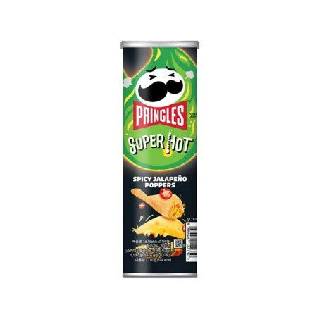 Front of Pringles Spicy Jalapeno Poppers can featuring bold logo and spicy flavour illustration (110g pack)