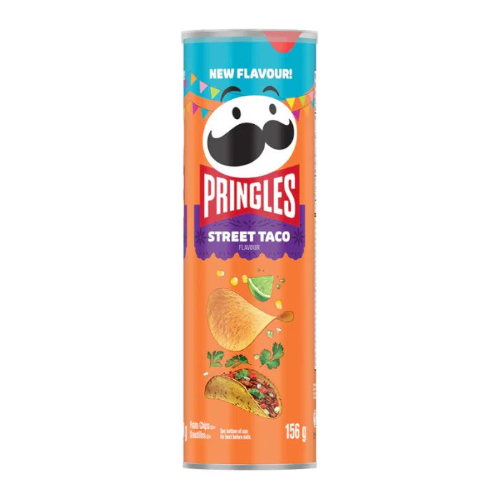 Front of Pringles Street Tacos can showing the vibrant orange design, logo, taco illustration, and 156g size.