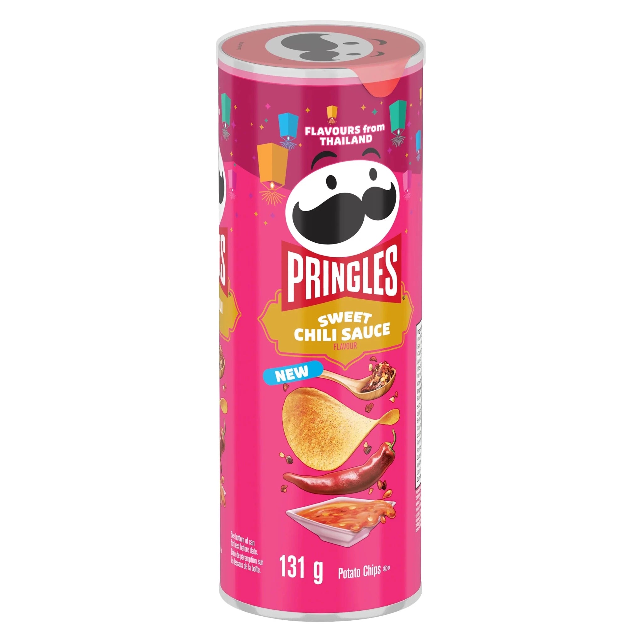 Front of a Pringles tube showing sweet chili sauce flavour, logo, and 131g pack size with images of chili and tasty chips.