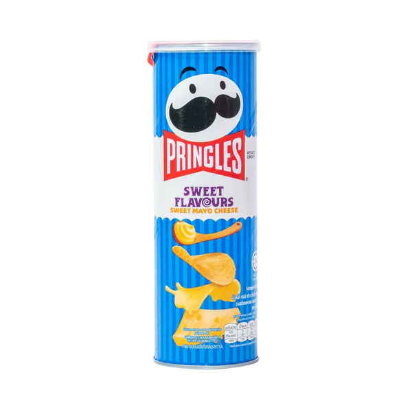 Front of Pringles Sweet Mayo Cheese tube showing logo, sweet mayo cheese flavour, and colourful snack illustrations (110g pack)