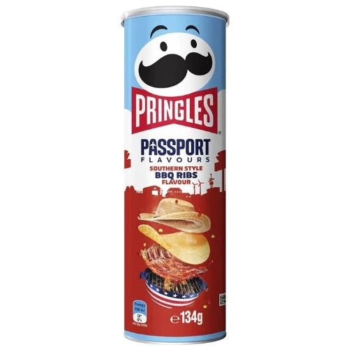 Front of Pringles Southern Style BBQ can showing logo, BBQ flavour, and pack size (110g)