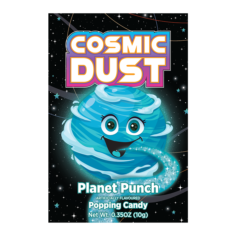 Front of Cosmic Dust Planet Punch Popping Candy pack featuring vibrant blue planet design, playful logo, and pack size (10g).