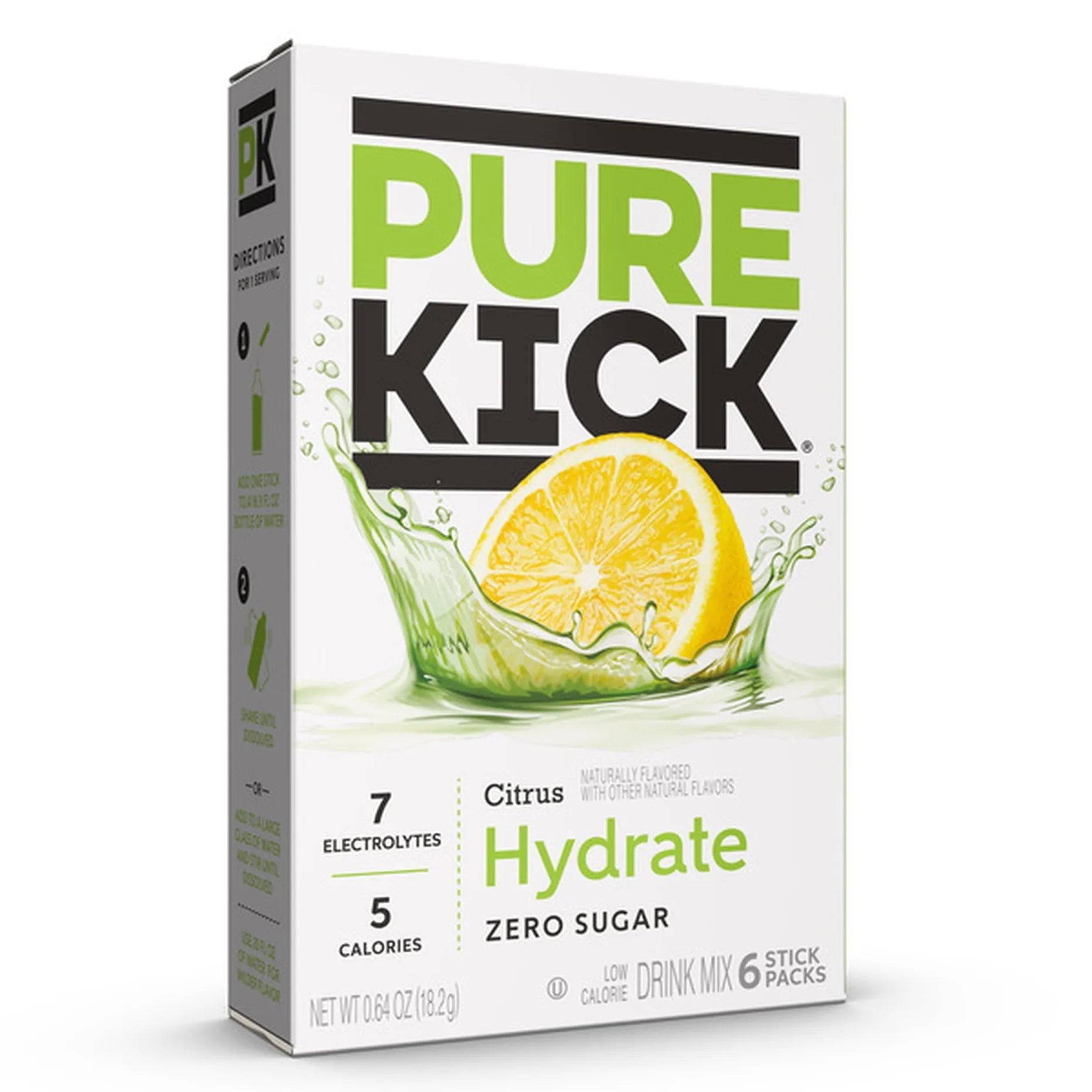 Front of Pure Kick Energy Citrus Hydrate Singles to Go box featuring vibrant green logo, citrus flavour, and details about electrolytes (18.2g pack)