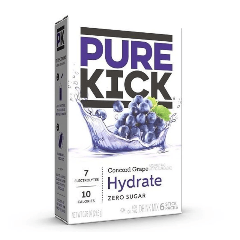 Front of Pure Kick Energy Concord Grape Singles to Go box showing grape flavour label, logo, and pack size (21.7g)