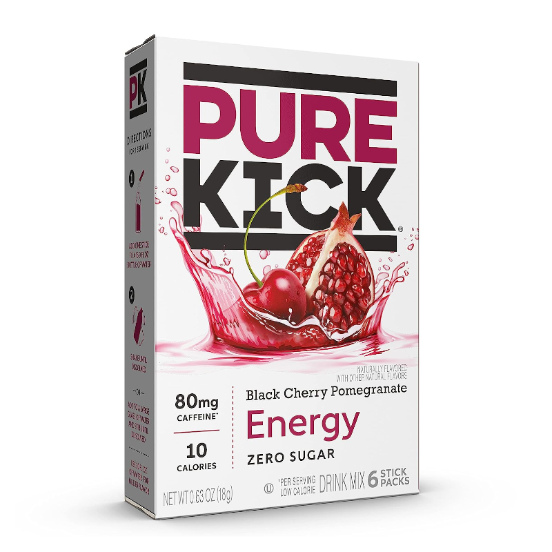 Front of Pure Kick Energy Black Cherry Pomegranate Singles to Go pack displaying logo, black cherry pomegranate flavour details, and nutrition information (18g).