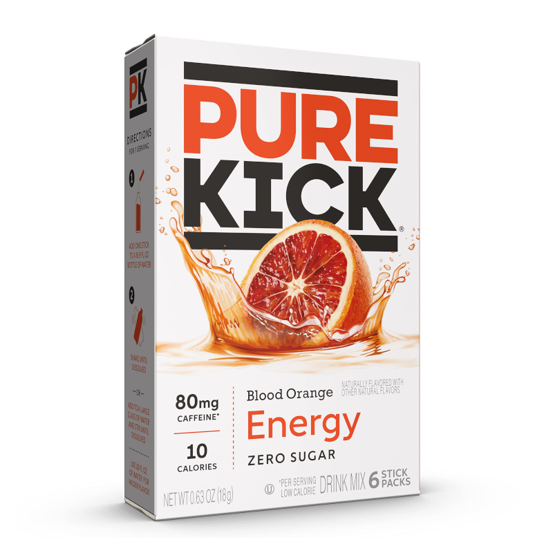 Front of Pure Kick Energy Blood Orange Singles to Go box showing bold logo and vibrant blood orange imagery with 6 stick packs (18g total)