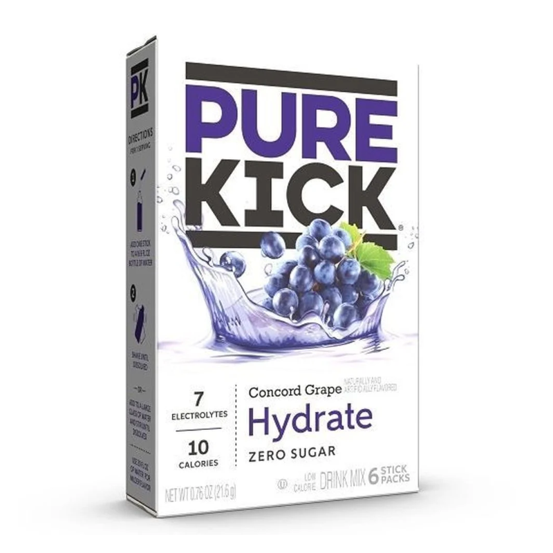 Front of Pure Kick Energy Concord Grape Singles to Go box showing grape flavour label, logo, and pack size (21.7g)