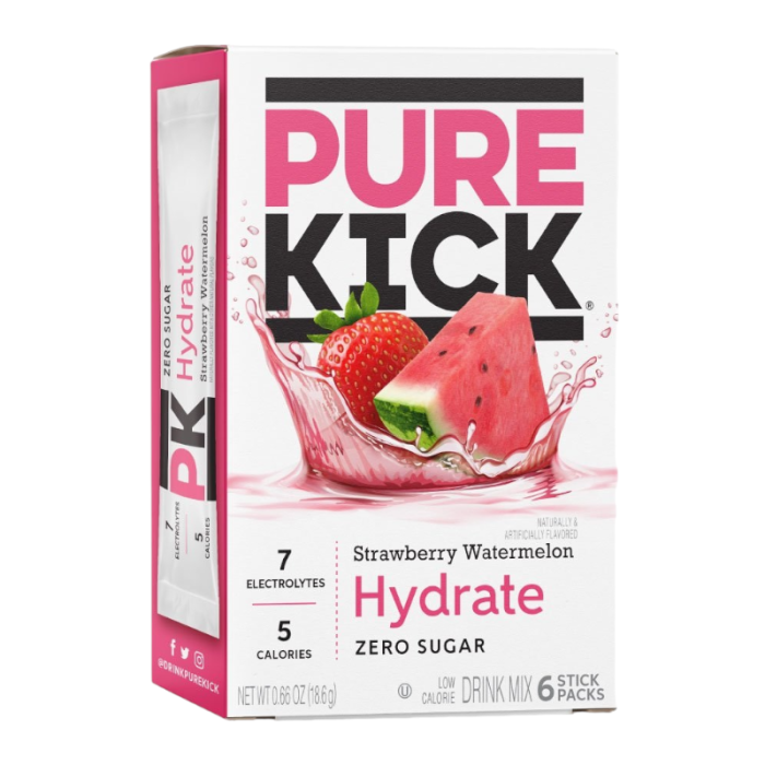 Front of Pure Kick Energy Strawberry Watermelon Singles to Go box showing logo, strawberry and watermelon imagery, and 6 stick packs (18g total)