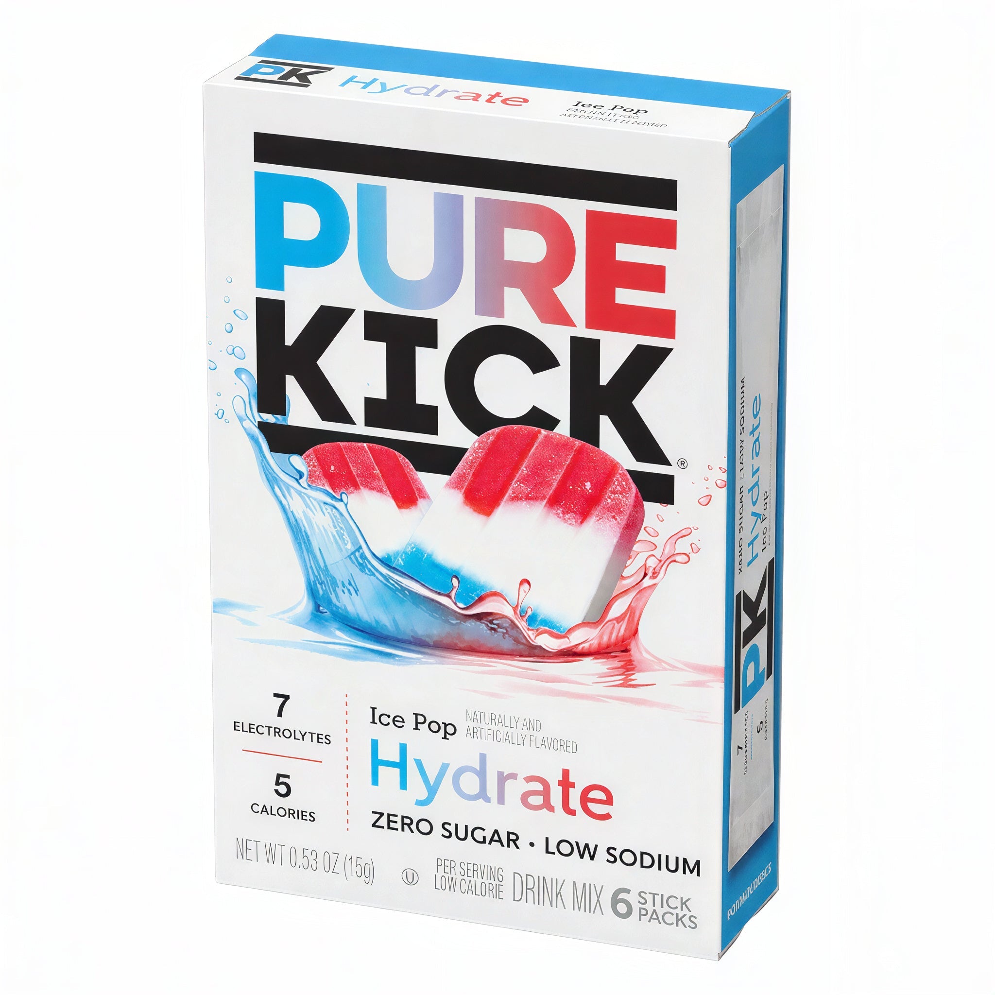 Front of Pure Kick Ice Pop Singles to Go package showing brand logo, Ice Pop flavour, and details about electrolytes and pack size (15g)