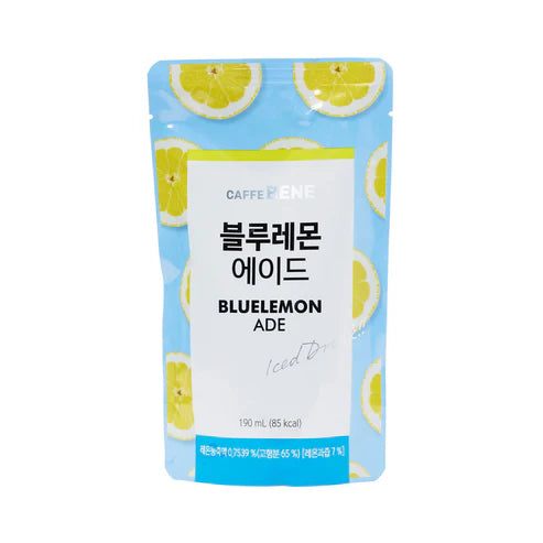 Front of Caffe Bene Blue Lemonade Pouch Drink showing lemon slices on a blue background, with product name and 190ml pack size.