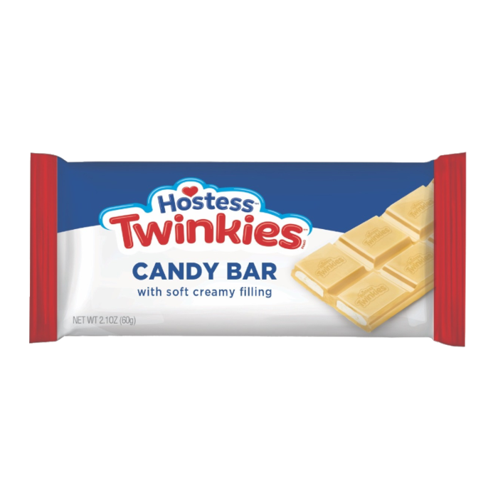 Front of Hostess Twinkies Chocolate Bar showing logo, candy bar details, and soft creamy filling (60g pack)