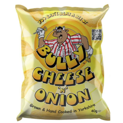 Front label of Bully Crisps Cheese 'N' Onion (40g), displaying flavour and branding.