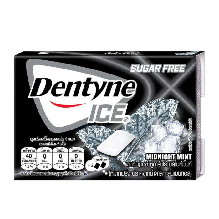 Front of Dentyne Ice Chewing Gum pack showing bold logo, Midnight Mint flavour label, and sugar-free indication (11g pack)