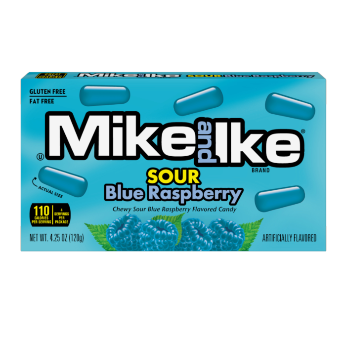Front of a Mike Ike Sour Blue Raspberry Theater Box showing bold logo and blue raspberry flavoured candy pieces (120g pack)