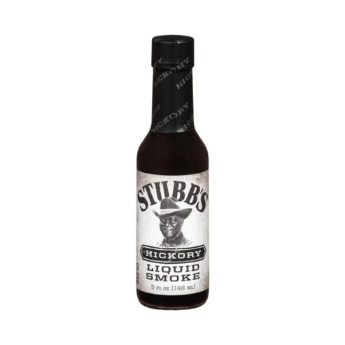 Front of Stubbs Hickory Liquid Smoke bottle featuring bold logo and hickory flavour label, with 148ml pack size.