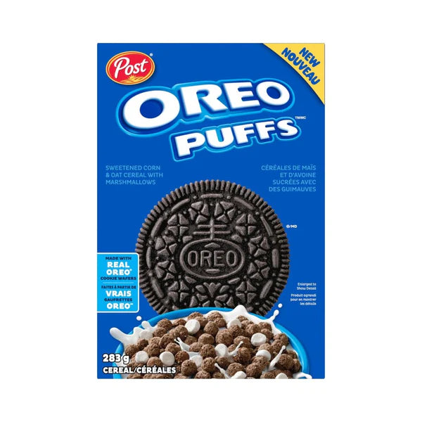 Front of Post Oreo Puffs Cereal box showing blue logo, Oreo cookie image, and marshmallow pieces with 283g pack size.