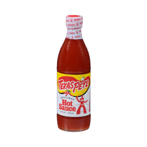 Front of Texas Pete Original Hot Sauce bottle featuring red and yellow label with logo, and details on pack size (355ml)