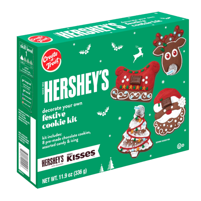 Front of Hershey's Decorate Your Own Chocolate Christmas Cookie Kit showing logo, festive design, and contents with 8 pre-made chocolate cookies (336g)