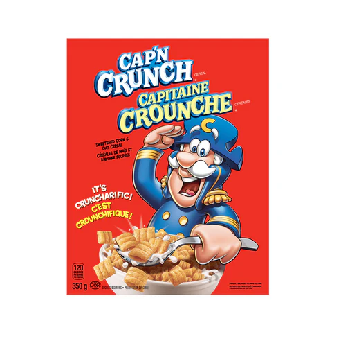 Front of Captain Crunch Original Cereal box showing bold logo and Captain Crunch character, highlighting deliciously crunchy cereal (350g pack)