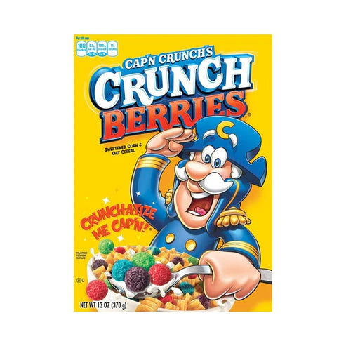 Front of Captain Crunch Berries Cereal box featuring the Cap'n Crunch character, bright yellow background, and colourful cereal pieces (370g pack)