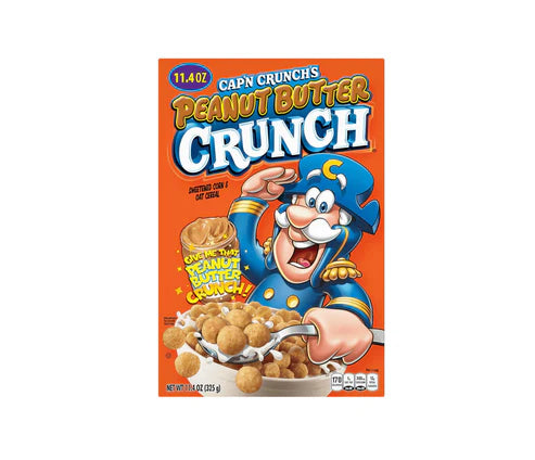 Front of Captain Crunch Peanut Butter Cereal box featuring the logo, a cartoon captain character, and crunchy peanut butter cereal pieces (325g pack)