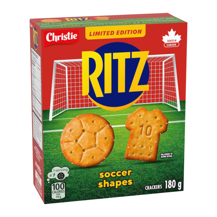Front of Ritz Limited Edition Soccer Shapes box with logo, playful soccer-shaped crackers, and pack size of 180g