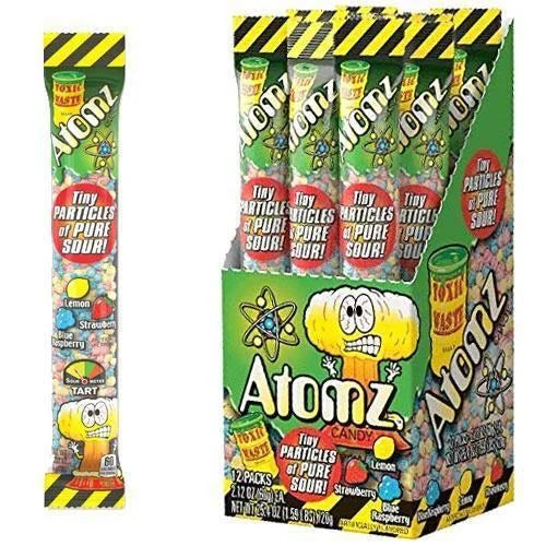Front of Toxic Waste Atomic Bytes pack showing colourful candy design, logo, and text indicating "60g"