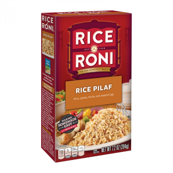 Front of Rice-a-Roni Rice Pilaf box showing brand logo, Rice Pilaf title, and description of rice, pasta, herbs, and seasonings (192g pack)