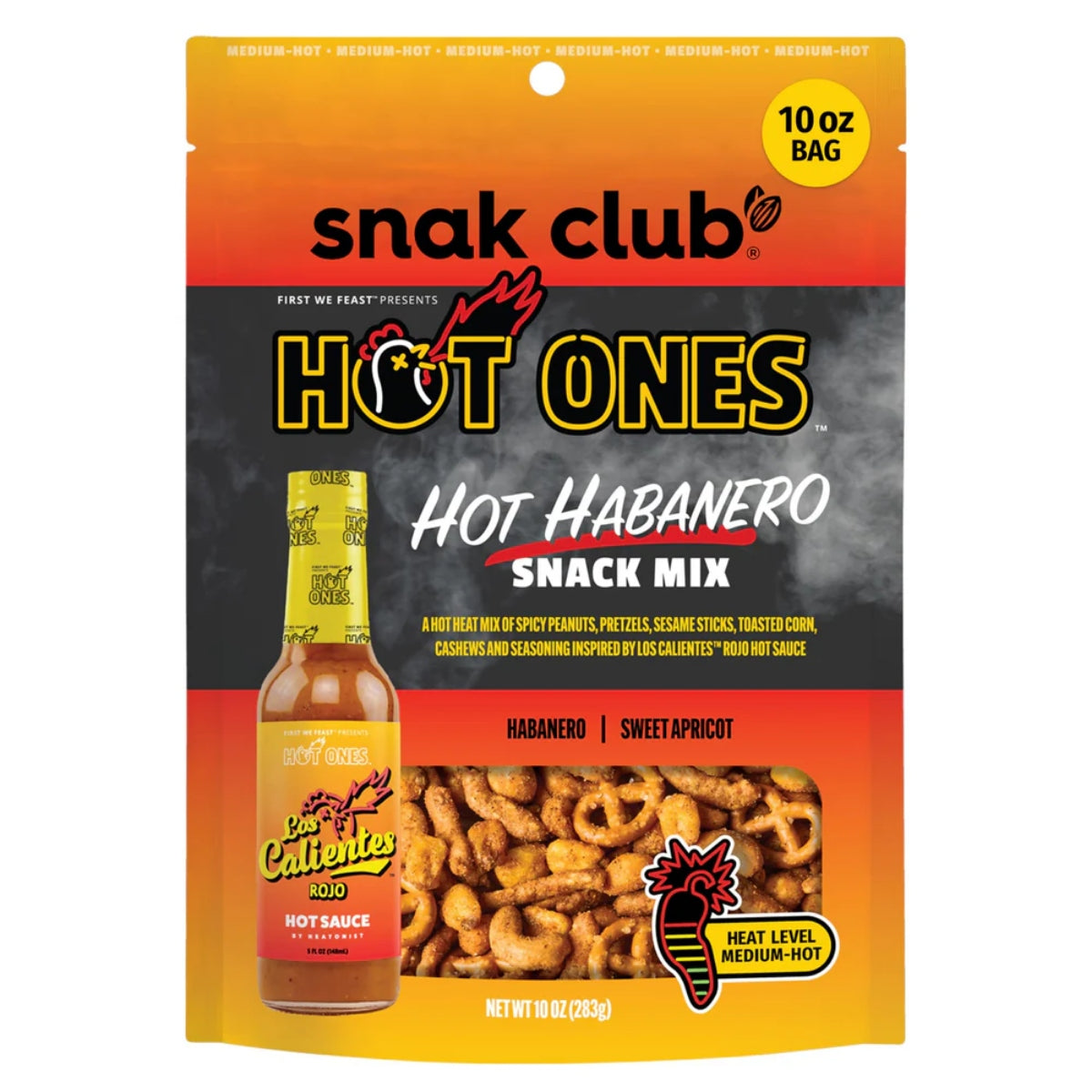 Front of Snack Club Hot Ones Habanero Snack Mix bag showing bold logo, habanero flavour mix, and a blend of crunchy snacks (127.5g pack)