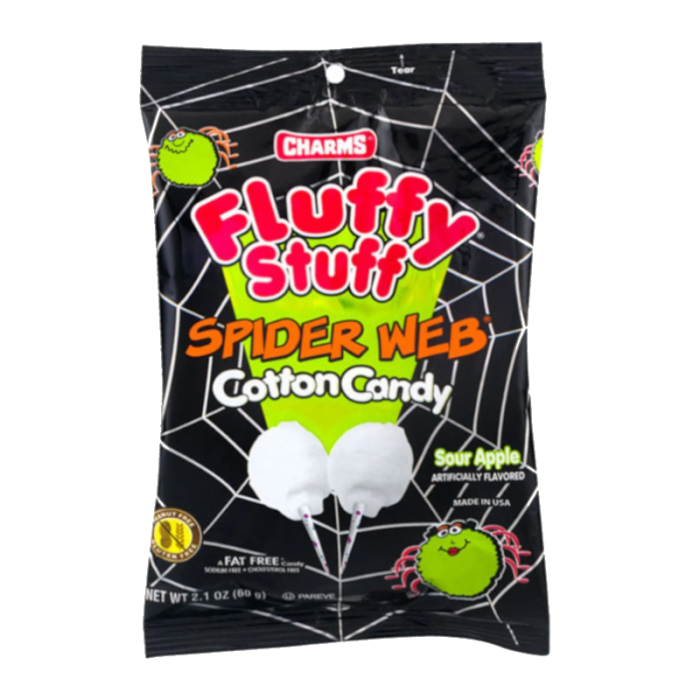 Front of Charms Fluffy Stuff Spider Web Cotton Candy bag featuring vibrant sour apple flavour illustration and 60g pack size