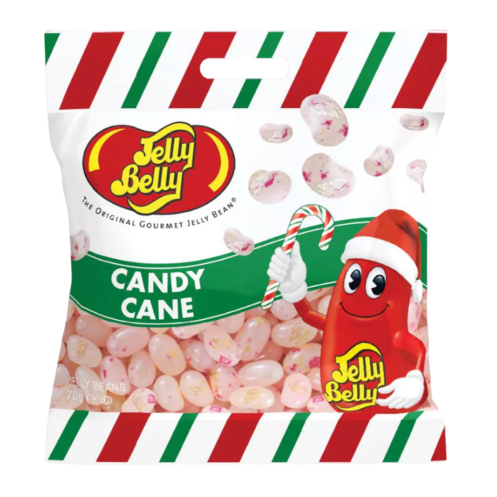 Front of Jelly Belly Candy Cane bag featuring the logo, candy cane illustration, and pastel jelly beans (70g pack)