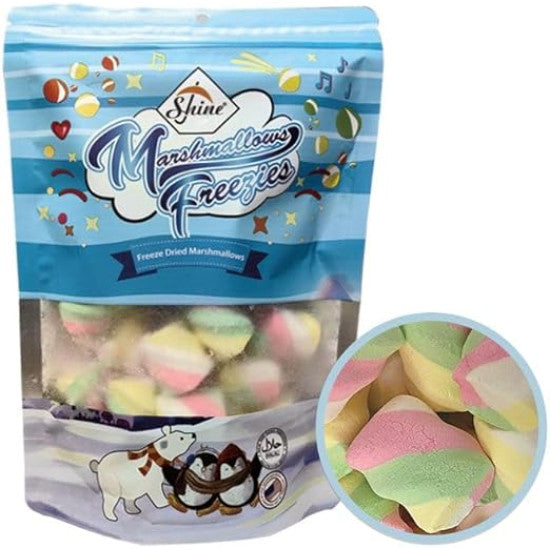 Front of Shine Marshmallows Freeze Dried Marshmallows bag featuring colourful marshmallows and blue design (60g pack)