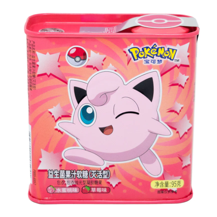 Front of Pokemon Soft Candy Tin showing vibrant pink packaging with a playful character, featuring Peach Strawberry flavour and 95g size