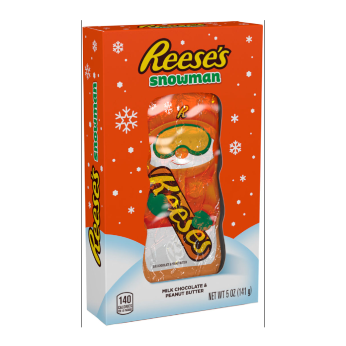 Front of Reese's Snowman package showing orange background with snowflakes, the Reese's logo, and an image of the snowman (141g)