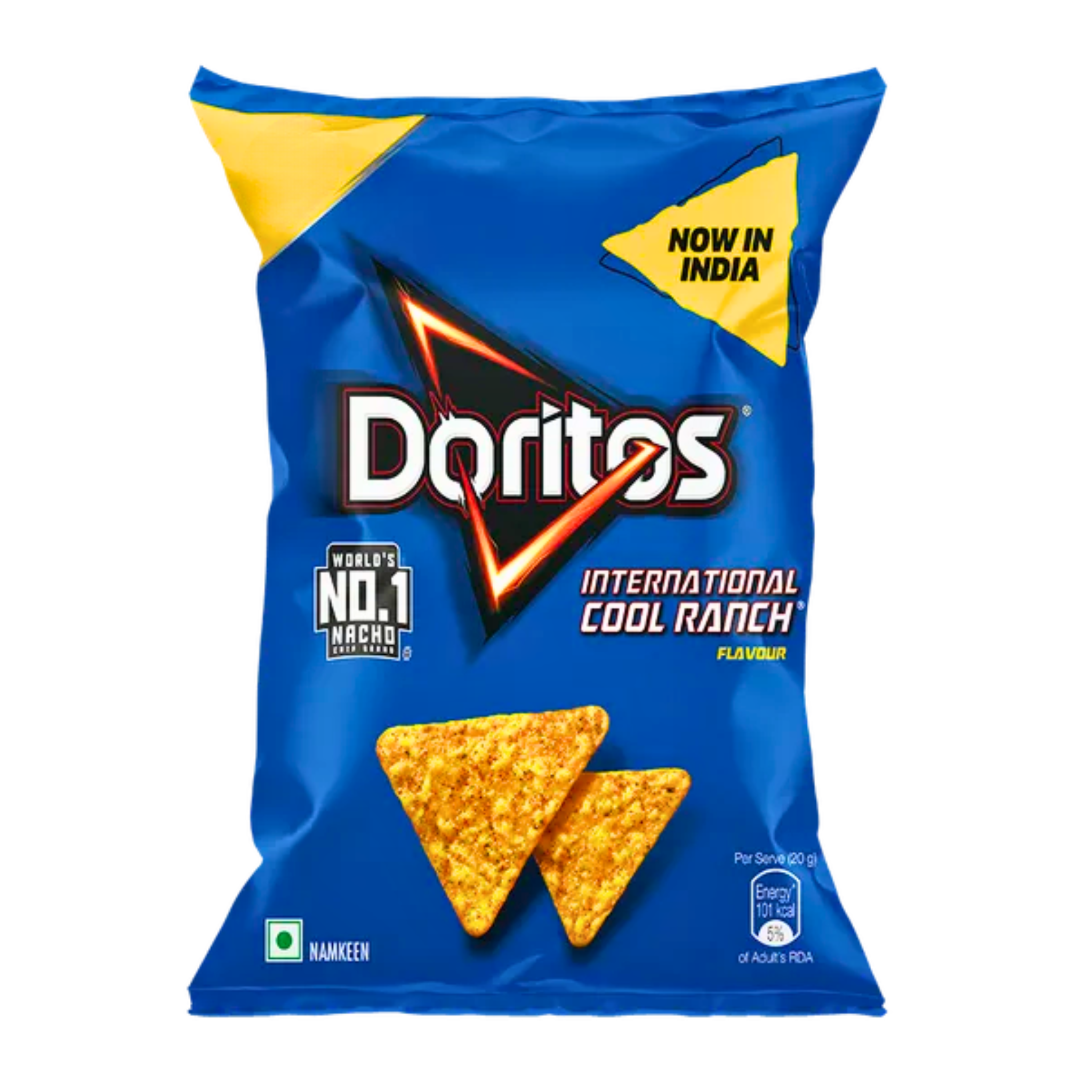 Front of a blue bag of Doritos Cool Ranch (India) showing logo, international flavour label, and two tortilla chips (45g pack)