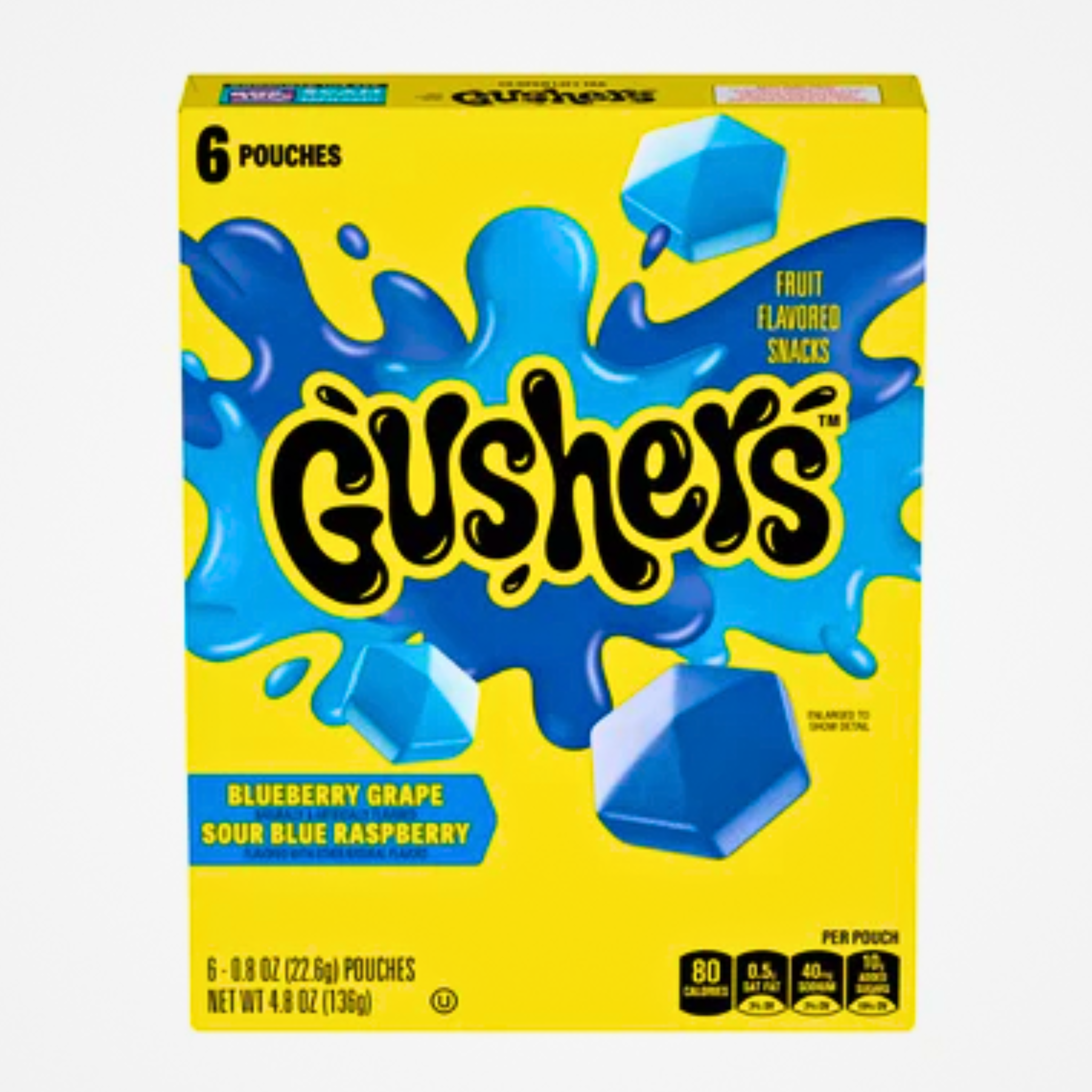 Front of a Gushers Blueberry Grape & Sour Blue Raspberry box showing bright packaging, logo, and images of fruity snacks (136g pack)