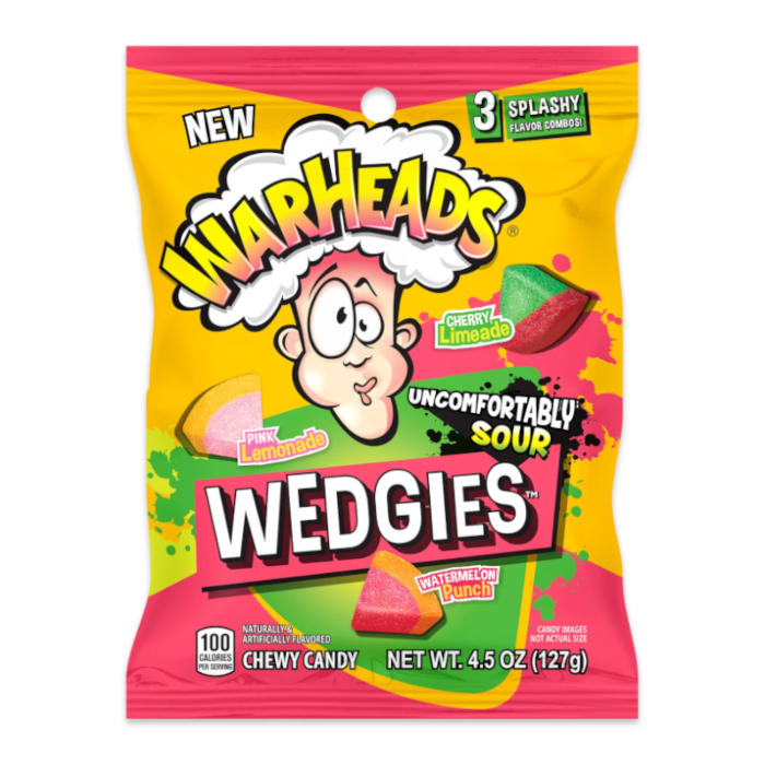 Front of Warheads Wedgies bag showing colourful logo, sour candy pieces, and flavours: pink lemonade, cherry limeade, and watermelon punch (127g pack)