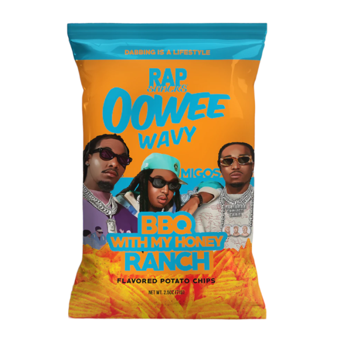 Front of Rap Snacks Migos BBQ & Ranch bag featuring vibrant orange background, BBQ and ranch flavour label, and 71g pack size