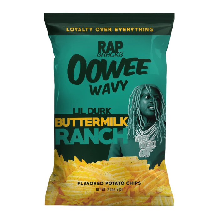 Front of Rap Snacks Lil Dirk Wavy Buttermilk Ranch bag showing the logo, wavy chip design, and image of flavoured potato chips (71g pack)