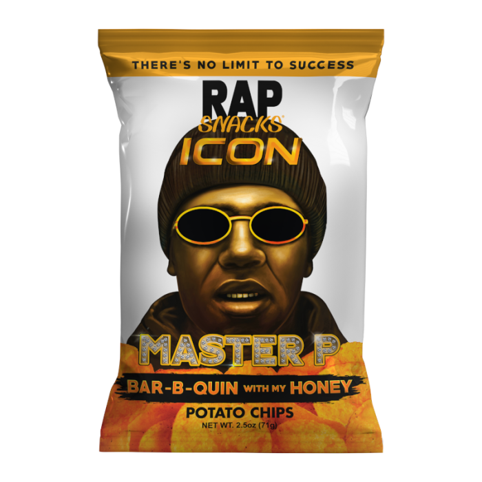 Front of Rap Snacks Master P Bar-B-Quin with my Honey potato chips bag, featuring the logo, artist image, and 71g pack size