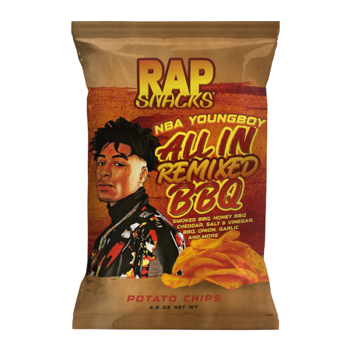 Front of Rap Snacks NBA YoungBoy All In Remix BBQ potato chips bag showing bold logo, BBQ flavour, and image of the chips (71g pack)