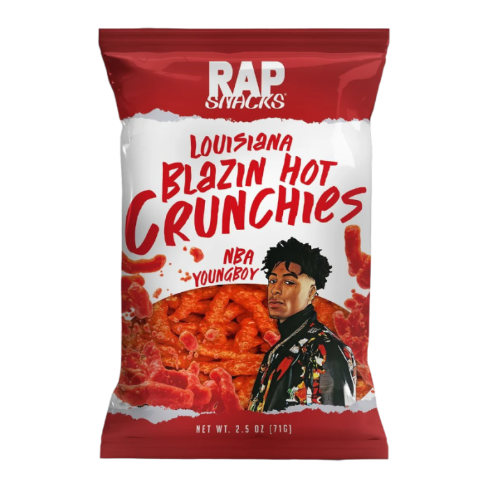 Front of Rap Snacks NBA YoungBoy Blazin Hot Crunchies bag showcasing bold red packaging, the logo, and vibrant snack pieces (99g)