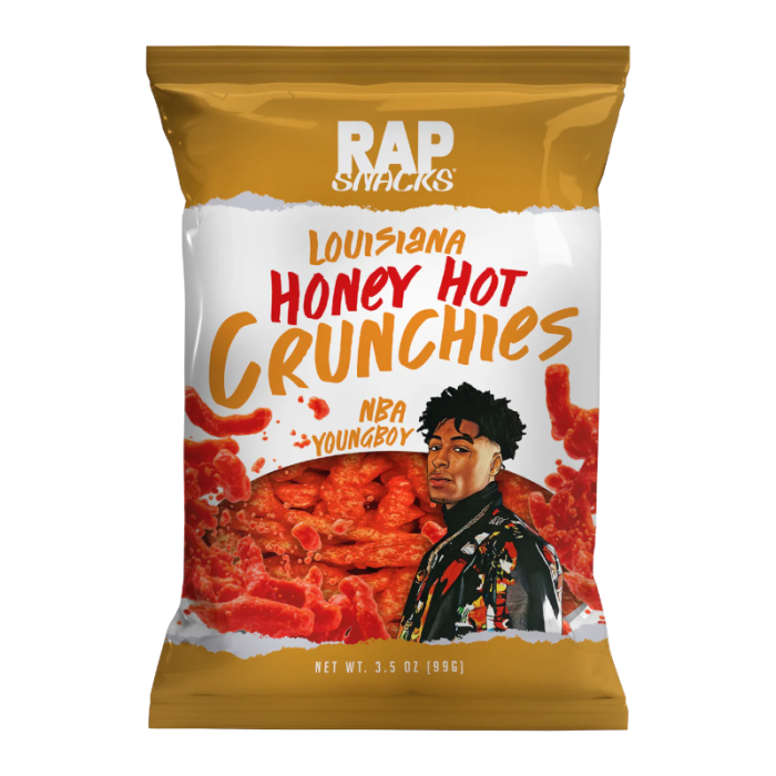 Front of Rap Snacks NBA YoungBoy Honey Hot Crunchies bag showing vibrant design, honey hot flavour, and image of the crunchy snacks (99g pack)