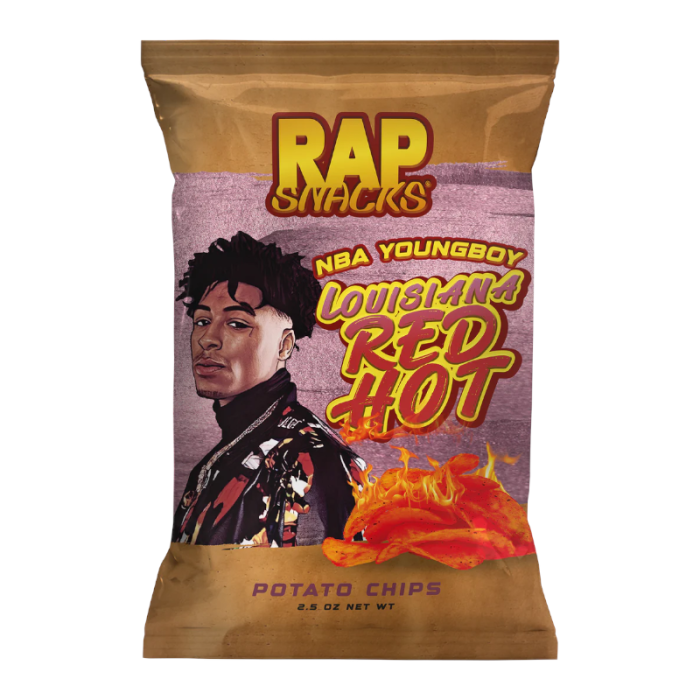 Front of Rap Snacks NBA YoungBoy Louisiana Red Hot potato chips bag featuring bold graphics, the product name, and pack size (71g)