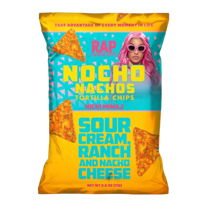 Front of Rap Snacks Nicki Minaj Sour Cream Ranch Nocho bag showing vibrant colours, nacho chips, Nicki Minaj graphic, and 71g pack size