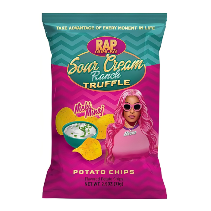 Front of Rap Snacks Nicki Minaj Sour Cream Ranch Truffle bag showing vibrant pink packaging, logo, and potato chips with sour cream dip (71g pack)