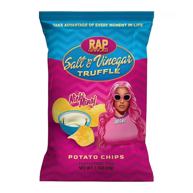 Front of a bag of Rap Snacks Nicki Minaj Salt & Vinegar Truffle potato chips (71g) featuring a vibrant design with image of chips and rapper.