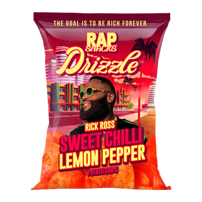 Front of Rap Snacks Rick Ross Sweet Chili Lemon Pepper bag featuring a vibrant design, logo, and image of potato chips (71g pack)