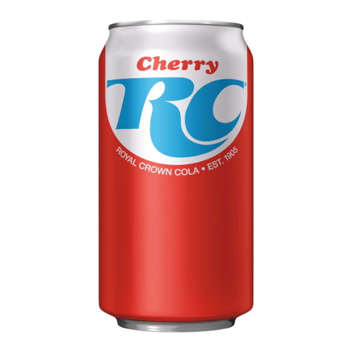 Front of RC Cherry Cola can featuring red design, blue logo, and cherry flavour label (355ml pack)